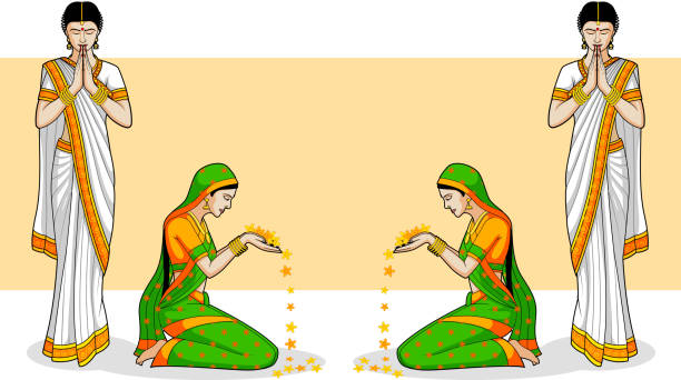 Indian Woman in welcome gesture Woman in welcome gesture for Indian festival in vector anjali mudra stock illustrations
