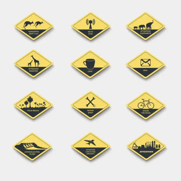 Vector illustration of set of signs of attention, caution and danger