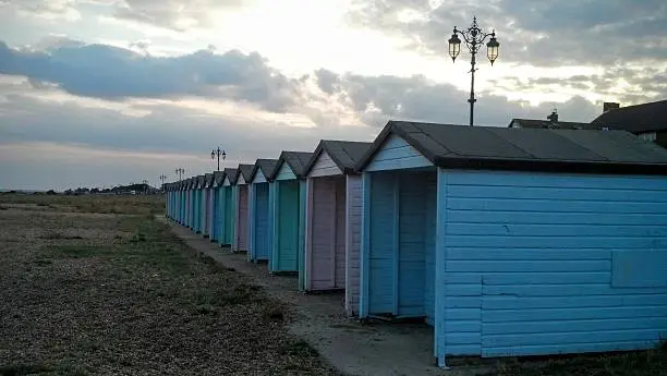 Beachhuts on a beach in Hampshire, England.