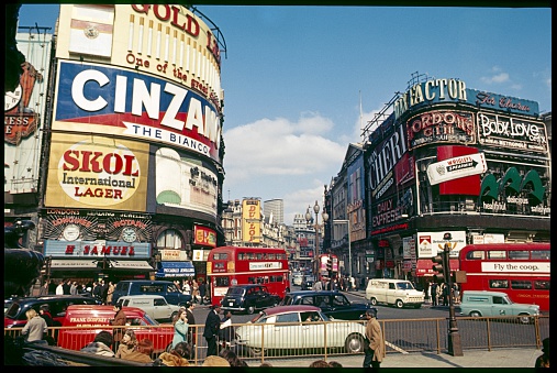 Piccadilly Circus, England, UK. Piccadilly Circus on sunny day, 1969.
