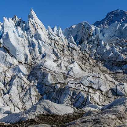 Sharp pinnacles of ice thrust up from the surface of Matanuska Glacier.