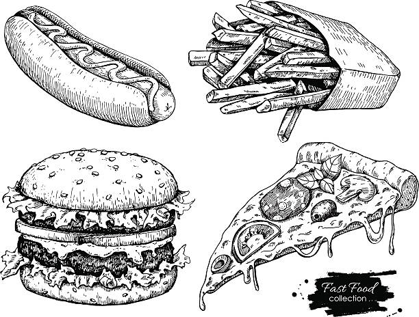 ilustraciones, imágenes clip art, dibujos animados e iconos de stock de vector de ilustración vintage de comida rápida. - illustration and painting engraved image engraving pencil drawing