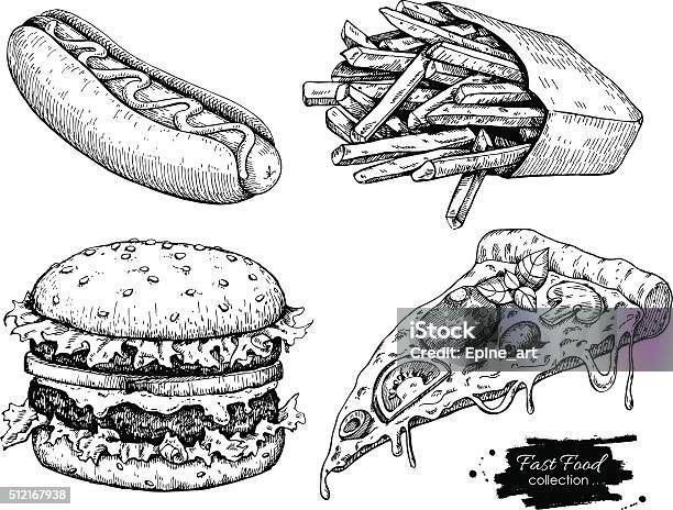 ベクトルヴィンテージ高速食品図面設定されます - ホットドッグのベクターアート素材や画像を多数ご用意 - ホットドッグ, イラストレーション, 図画