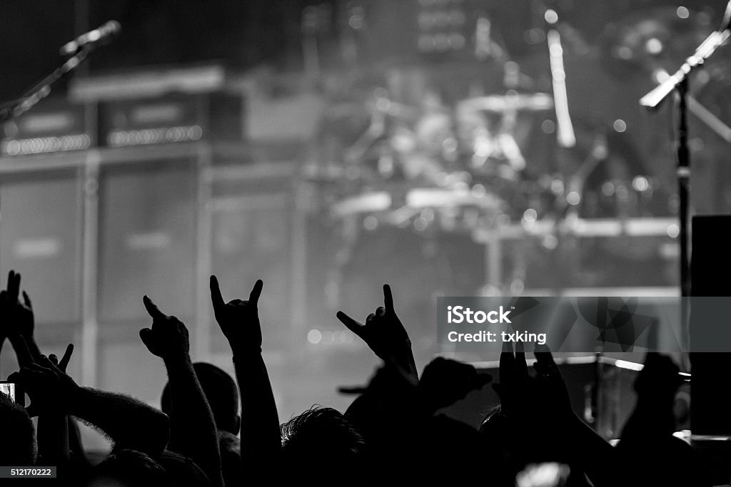 Fans rock out Bunch of fans happy during a concert throwing up the devil horns Rock Music Stock Photo