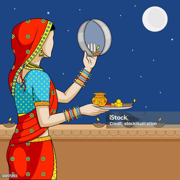 Indian Woman Doing Karwa Chauth Stock Illustration - Download Image Now - Karva Chauth, Culture of India, Diwali