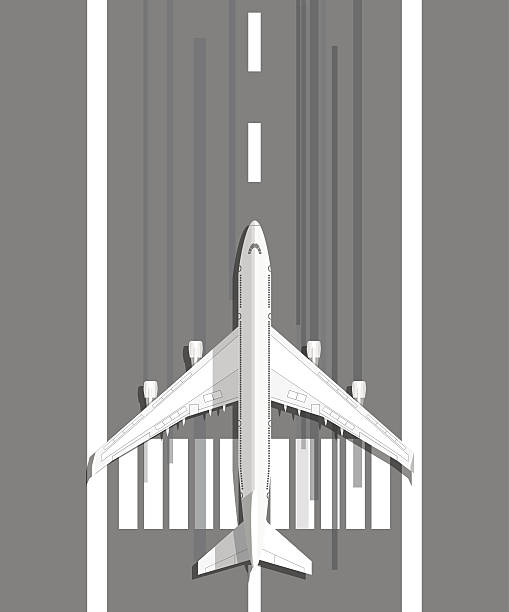 ilustrações, clipart, desenhos animados e ícones de avião em pé na pista de aterrissagem - runway airplane airport three dimensional shape