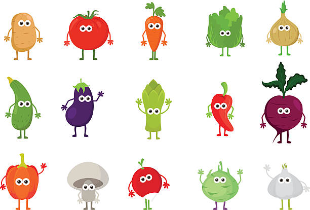 ベクトルのセット漫画かわいい野菜の文字 - salad fruit lettuce spring点のイラスト素材／クリップアート素材／マンガ素材／アイコン素材