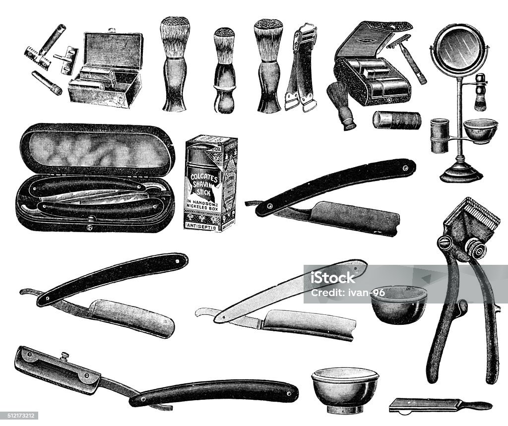 Shaving accessories illustration was published in 1895 "lindeman catalogue" Barber stock illustration