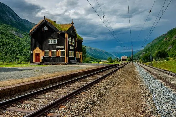 Small railway station, beautiful wooden station building, Norway