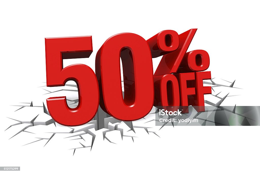 3D red text 50 percent off on crack hole floor. 3D render red text 50 percent off on white crack hole background with reflection. Off - Single Word Stock Photo