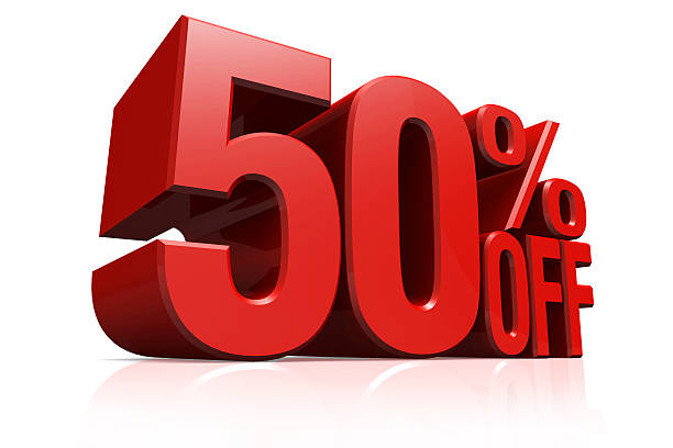 3D render red text 50 percent off. stock photo