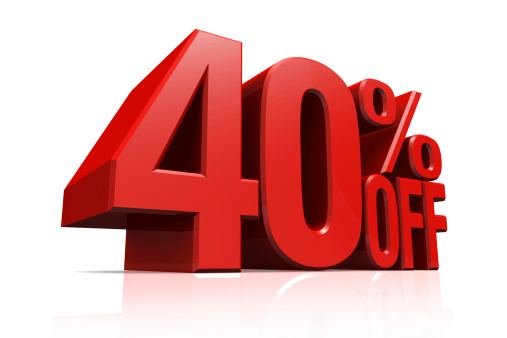3D render red text 40 percent off on white background with reflection.