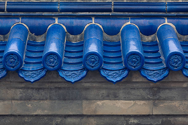 Traditional chinese glazed roof tiles in blue. Beijing, China.