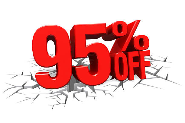 istock 3D red text 95 percent off on crack hole floor. 512185451