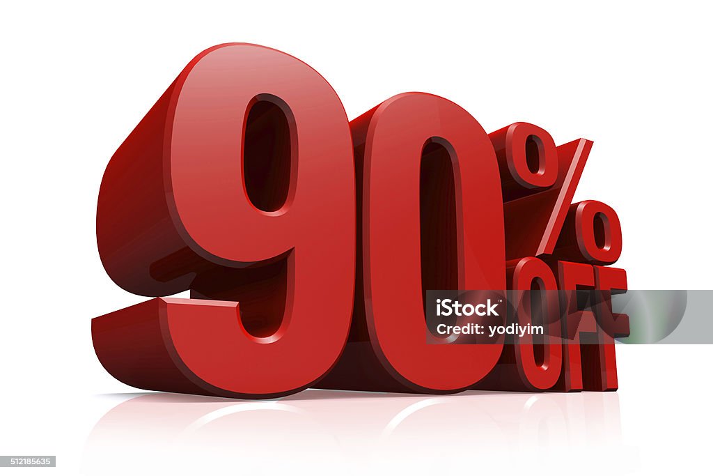 3D render red text 90 percent off. 3D render red text 90 percent off on white background with reflection. Concepts Stock Photo