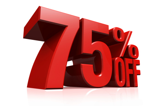 3D render red text 75 percent off on white background with reflection.