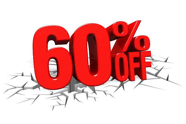 istock 3D red text 60 percent off on crack hole floor. 512186215