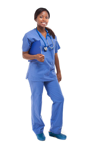 istock Black nurse full length on white background 512187309