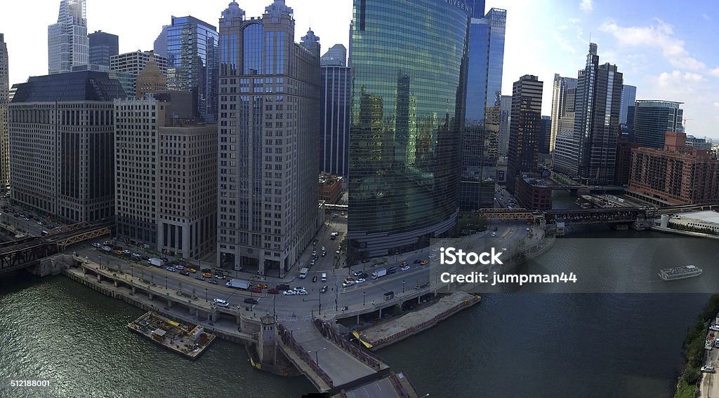 Downtown Chicago - Chicago River Amazing view of downtown Chicago from the top of the Merchandise Mart building. The Chicago River is directly below that runs along side Wacker Drive. Building Exterior Stock Photo