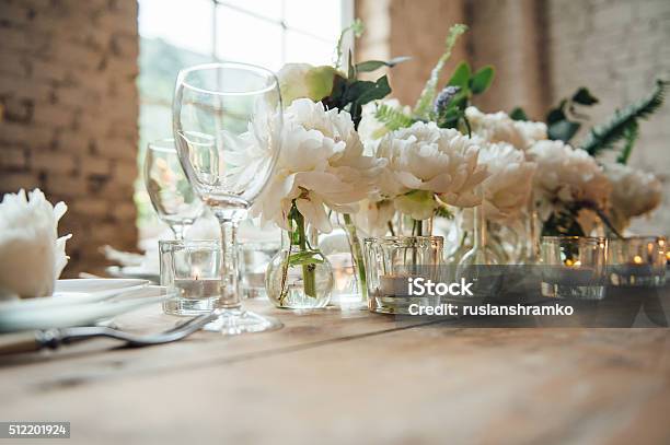 Wedding Room Decorated Loft Style With A Table And Accessories Stock Photo - Download Image Now