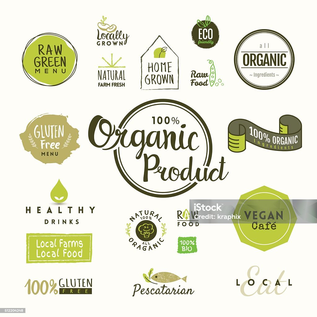 Set of organic food labels and elements Set of organic food labels and design elements Community stock vector