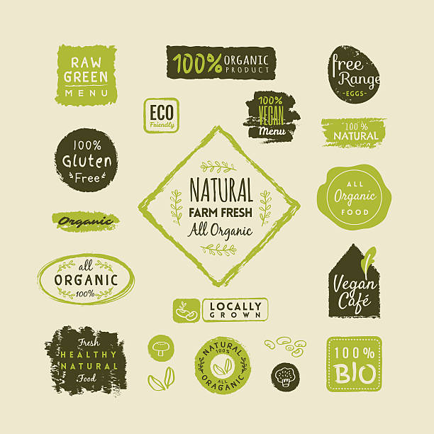 Set of organic food labels and elements vector art illustration