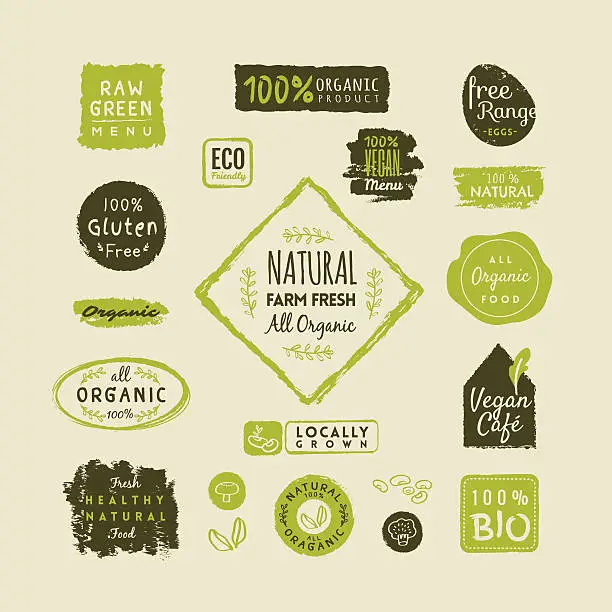 Vector illustration of Set of organic food labels and elements