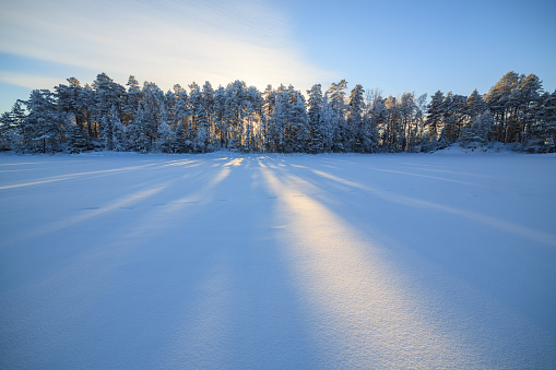 Frozen lake and snow covered forest at cold sunny winter day in Finland