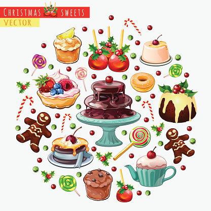 Big vector set of different sweets for Christmas
