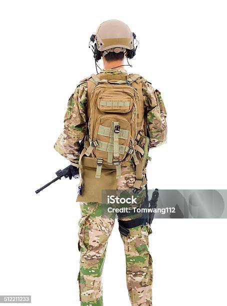 Back View Of Soldier With Rifle Or Sniper In Studio Stock Photo - Download Image Now