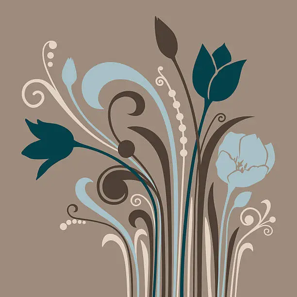 Vector illustration of Tulips in nuances of blue and brown over cappuccino