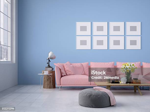 Living Room Loft Interior 3d Rendering Stock Photo - Download Image Now - Apartment, Architecture, Blue