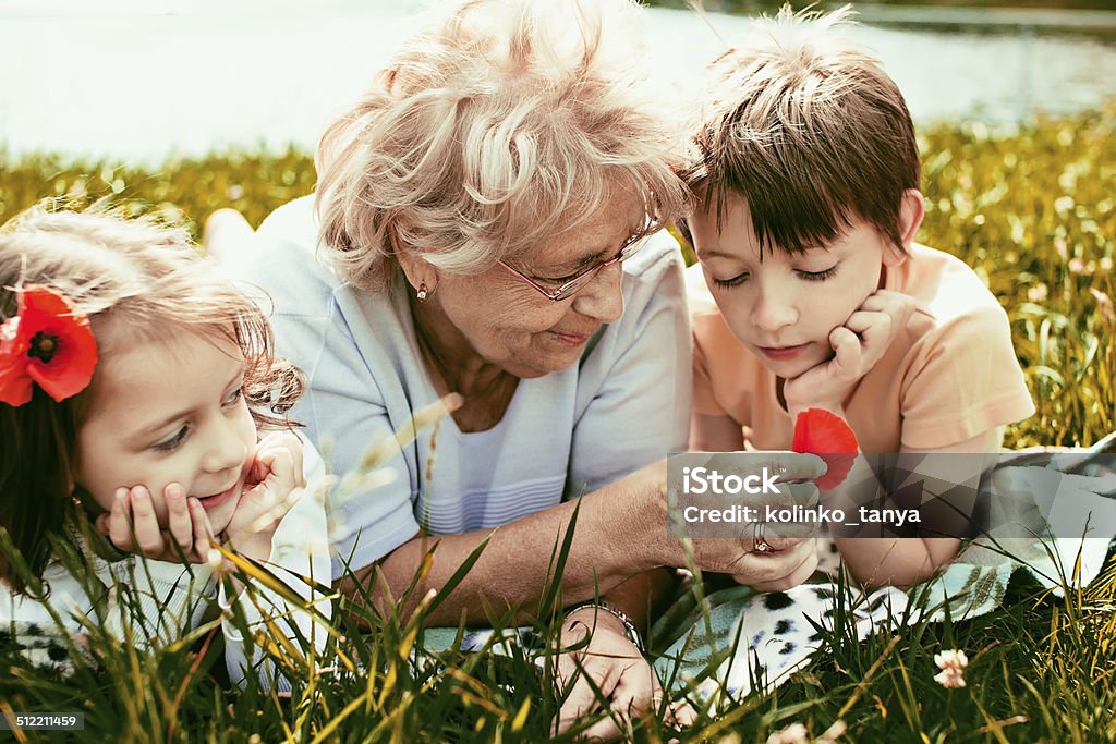happy grandmother with grandchildren outdoors Closeup summer portrait of happy grandmother with grandchildren outdoors Awe Stock Photo