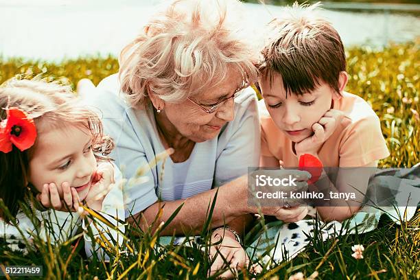 Happy Grandmother With Grandchildren Outdoors Stock Photo - Download Image Now - Awe, Grandparent, Active Seniors