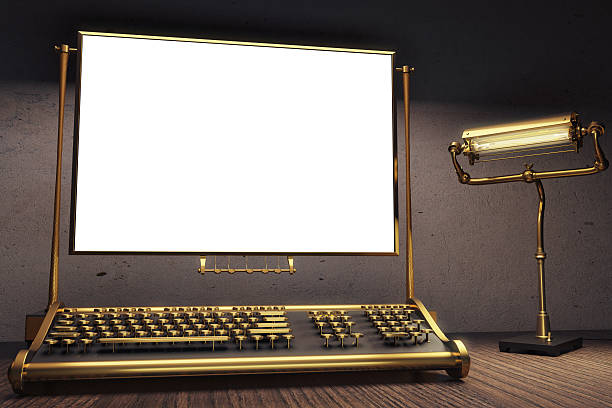 istock Blank white paper with vintage typewriter and lamp in steampunk 512212724