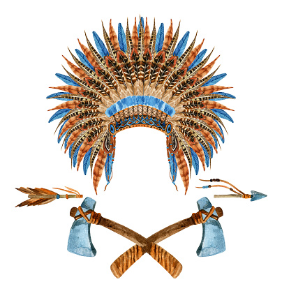 Native American Headdress. Feathered war bonnet. Watercolor indian war bonnet. Hand painted illustration