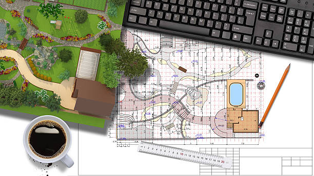 plan de jardin sur la terre ferme - drawing compass architect blueprint planning photos et images de collection