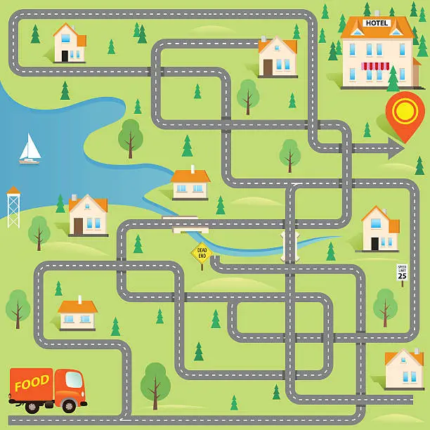 Vector illustration of Vector Funny Maze Game: Delivery Driver in this Small City
