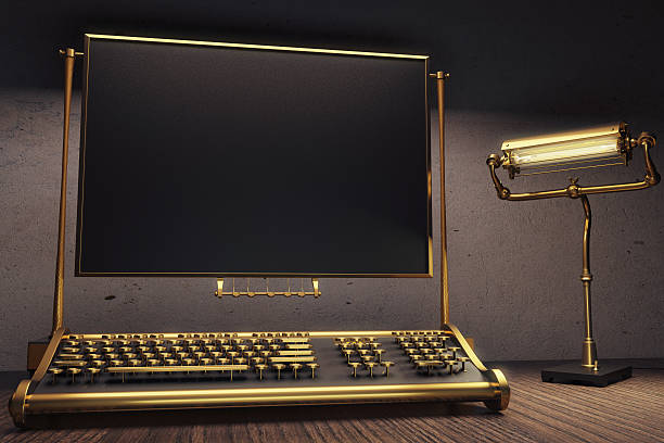 istock Steampunk keyboard with blank black screen and vintage lamp, moc 512214276