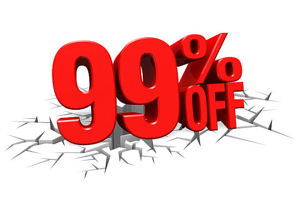 istock 3D red text 99 percent off on crack hole floor. 512214643