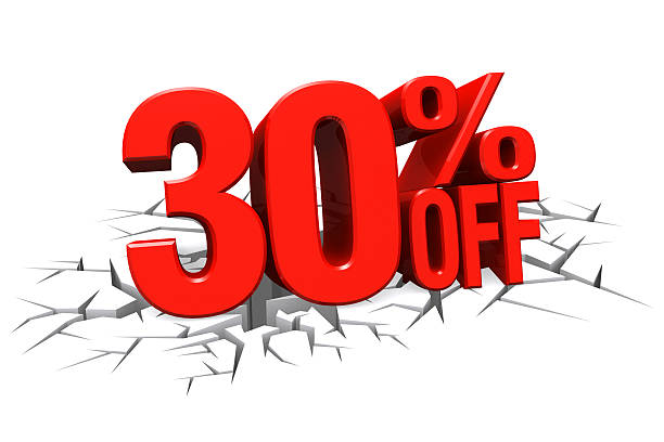 istock 3D red text 30 percent off on crack hole floor. 512216111