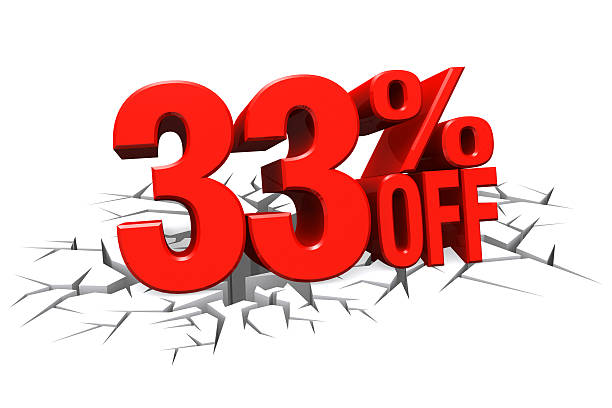 istock 3D red text 33 percent off on crack hole floor. 512216211