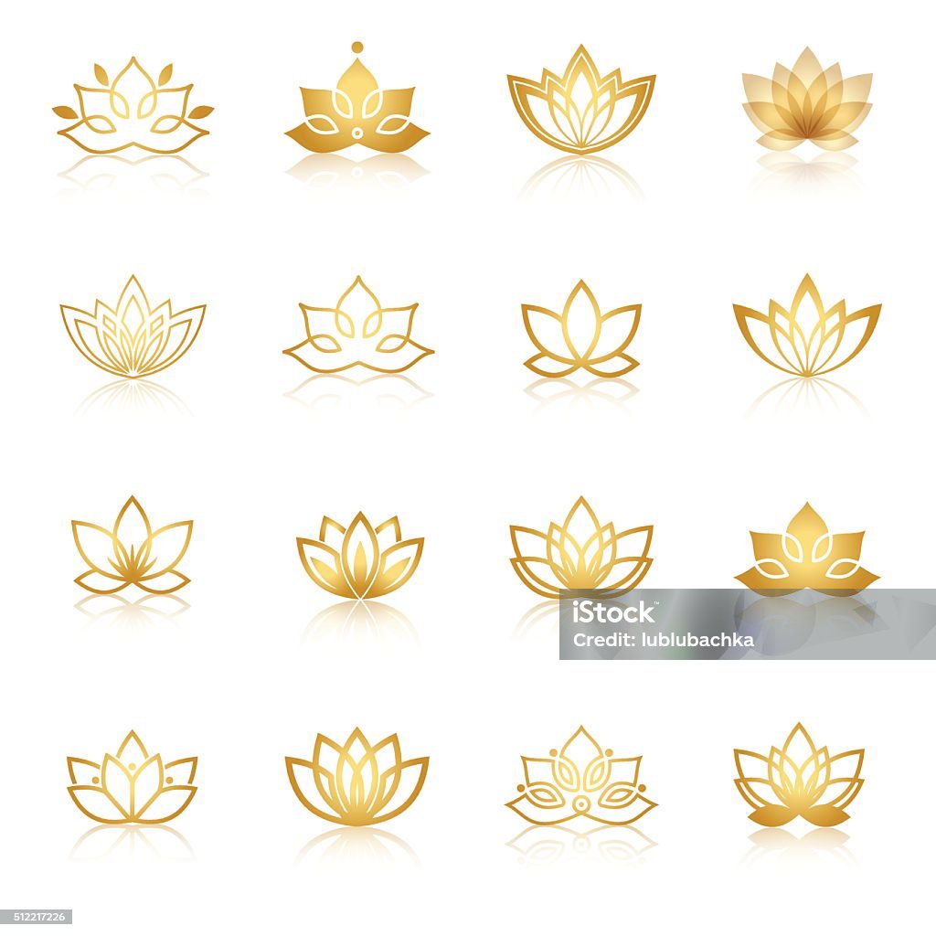 Dourado Lótus símbolo ícones. floral vetor de rótulos de bem-estar do mercado - Vetor de Lótus royalty-free