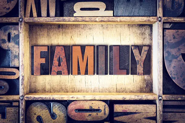 The word "Family" written in vintage wooden letterpress type.