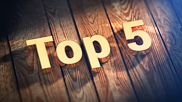 Short list of best of bestest. The word "Top 5" is lined with gold letters on wooden planks. 3D illustration image