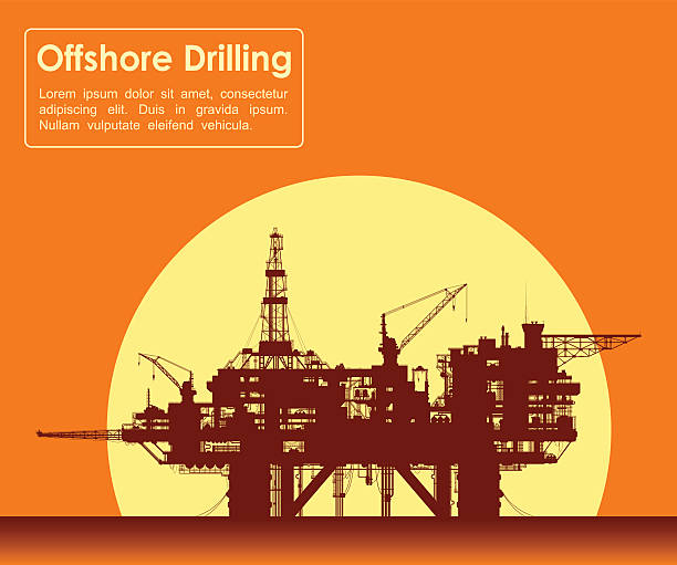 illustrazioni stock, clip art, cartoni animati e icone di tendenza di piattaforma petrolifera in mare. piattaforma di perforazione offshore. - diesel factory water sun