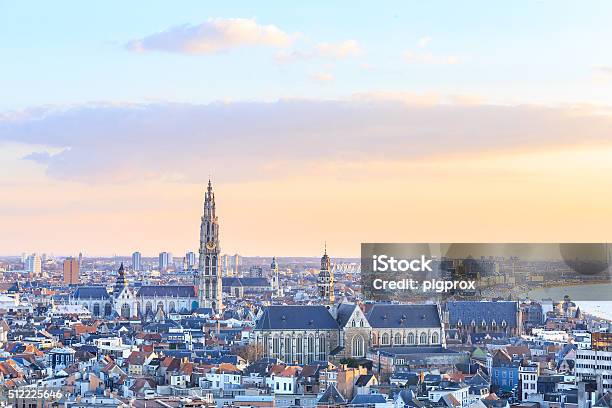 View Over Antwerp With Cathedral Of Our Lady Taken Stock Photo - Download Image Now - Antwerp City - Belgium, Belgium, Urban Skyline
