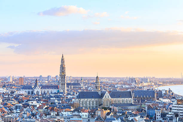 view over antwerp with cathedral of our lady taken - belgium stok fotoğraflar ve resimler