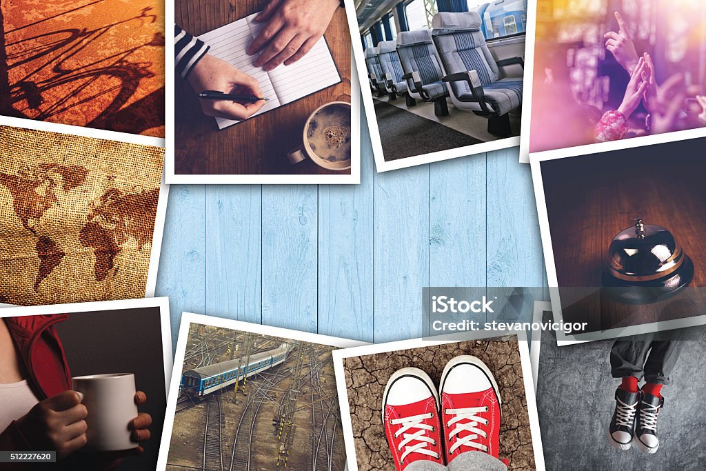 Urban youth lifestyle photo collage Urban youth lifestyle photo collage, various young adult way of life themed pictures on wooden desk. Art Stock Photo