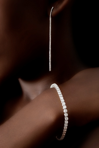 Diamonds Earring and Bracelet on Black Skin, Designer Jewellery